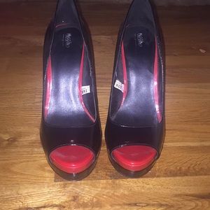 Black patent peep toed heels